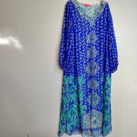 Lilly Pulitzer Jupiter Silk Maxi Caftan Blue Grotto SILK Fan Dress Sz L/Xl - Picture 2 of 9